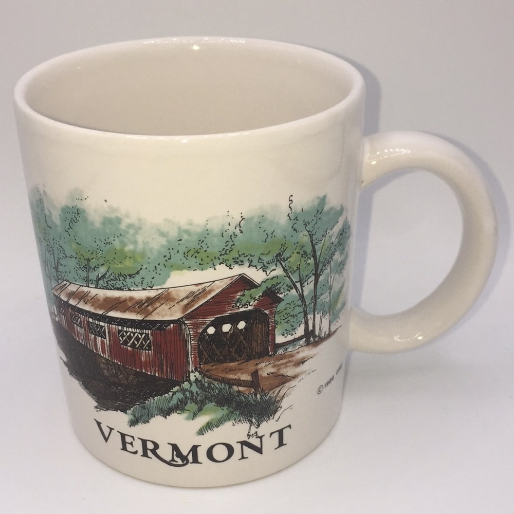 Vermont Coffee Mug Wooden Covered Bridge Trees 1986 GMS Vintage